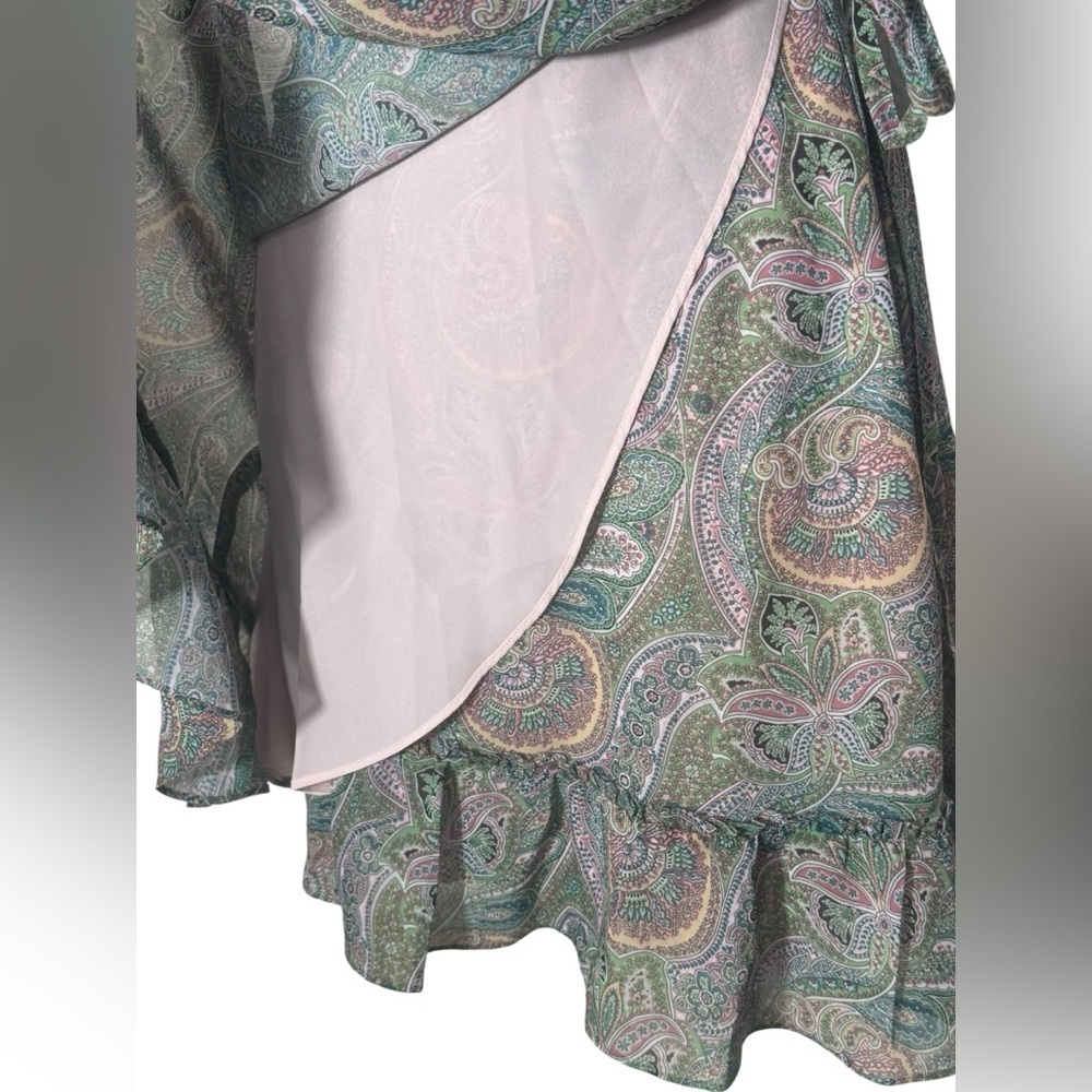 ALLSAINTS Zini Shahmina Paisley Wrap Mini Short Sleeve Dress Green Pink size 6 - Picture 10 of 17